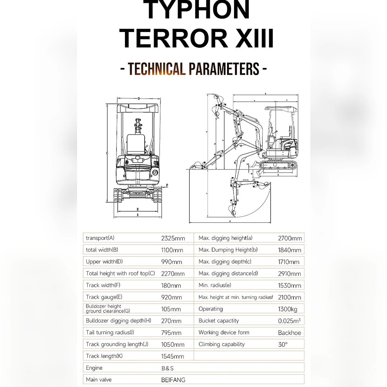 TYPHON TERROR XIII Mini Excavator – 1.3 Ton Trench Digger with Canopy, Hydraulic Thumb Clip, 13.5hp B&S Engine USA - Image 2